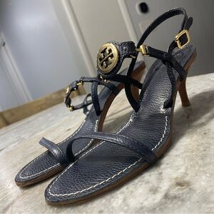 Tory Burch Mira Blue Leather Sandals Open Toe Heels Sandals  Women’s 9